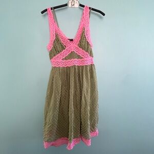 Betsey Johnson Olive Dress with  Pink Lace